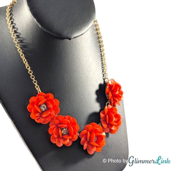 Red Orange Flower Cluster Statement Floral Bib Gold Tone Necklace - Picture 2 of 9